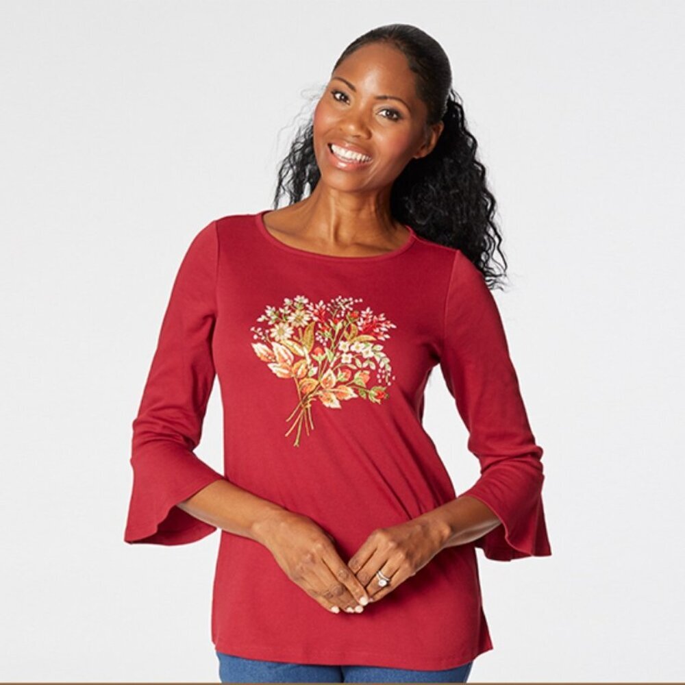 NWT Quacker Factory Red Floral Embroidered Bell Sleeve Womens Top sz Large
